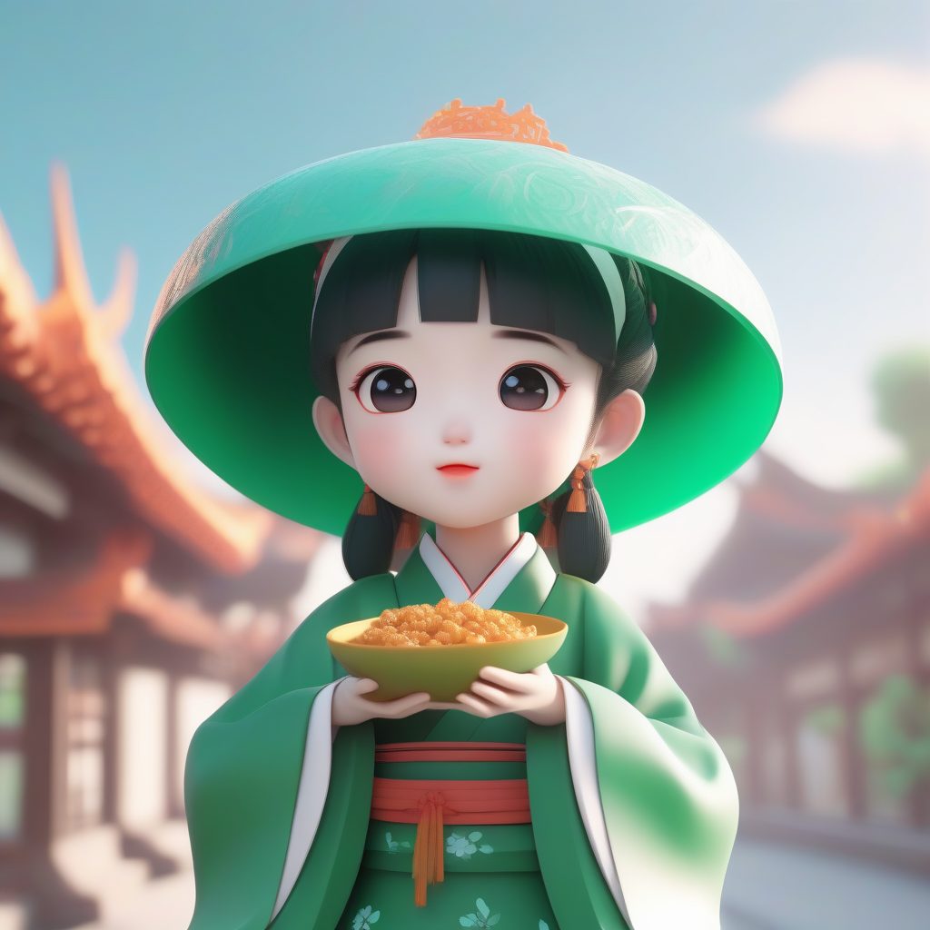 美食家Q版：翠绿汉服小女孩吃包子Octane高光渲染