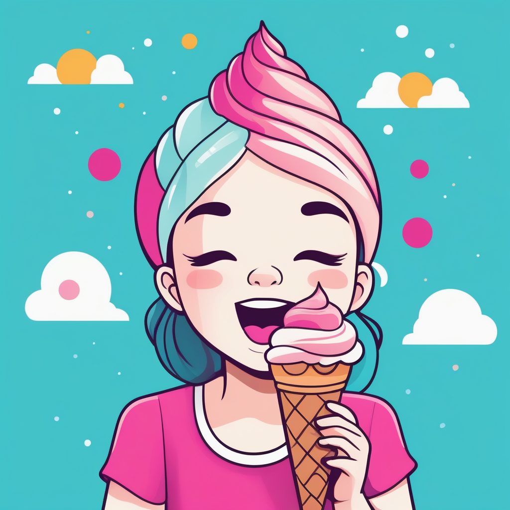 美食主题：简单粗线条Q版女孩，品尝冰淇淋的Flat Design插画