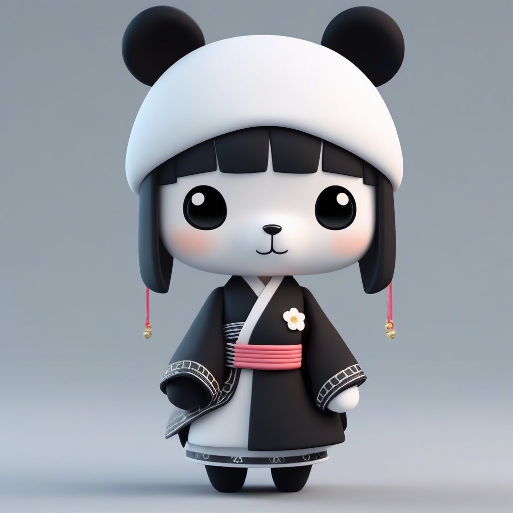 萌动动物元素:抱着熊猫玩偶的Q版汉服小女孩全身C4D渲染