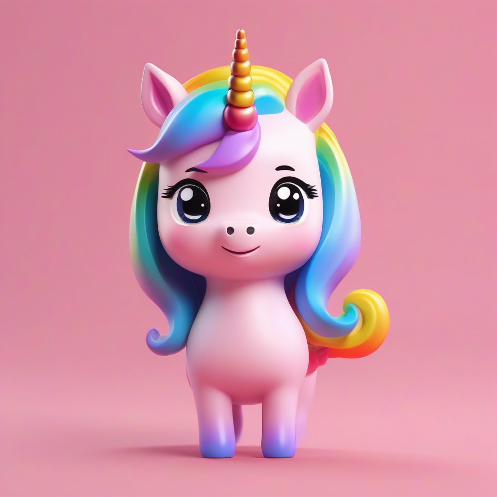 梦幻彩虹独角兽Q版手办：高光3D模型全身图，柔和纯粉背景