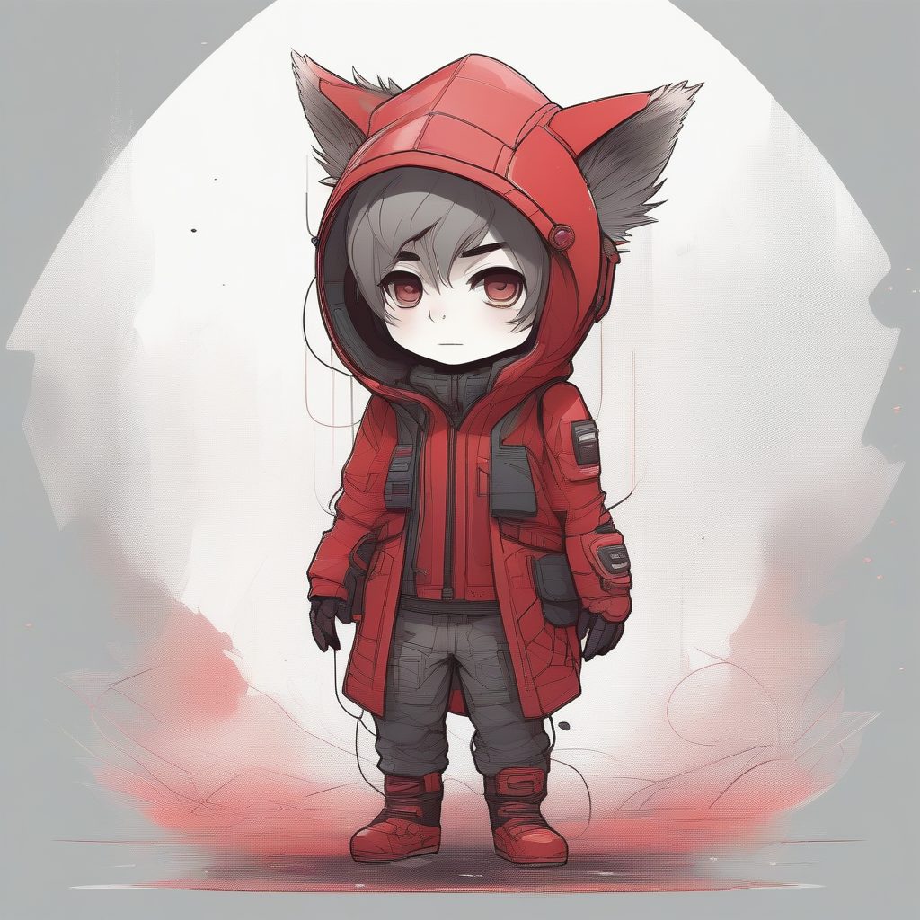 梦幻绯红迷雾：Q版男孩的未来派线条艺术全身特写