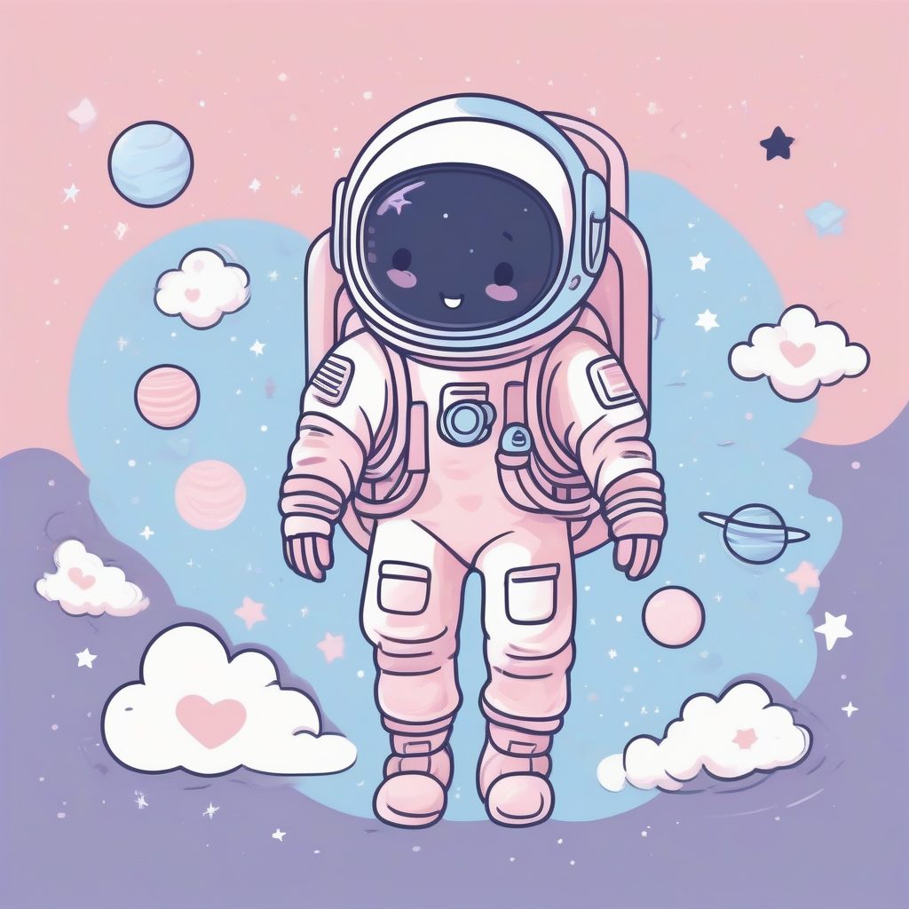 梦幻粉蓝星系漫游：极简涂鸦宇航员与甜甜圈星球