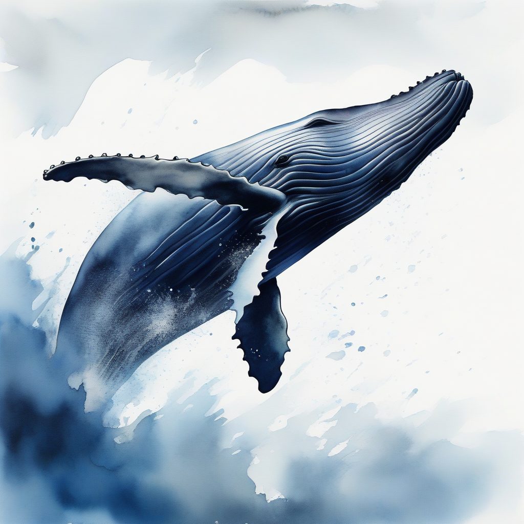 梦幻海洋艺术：深蓝海中跃起鲸鱼的水彩画AI提示词