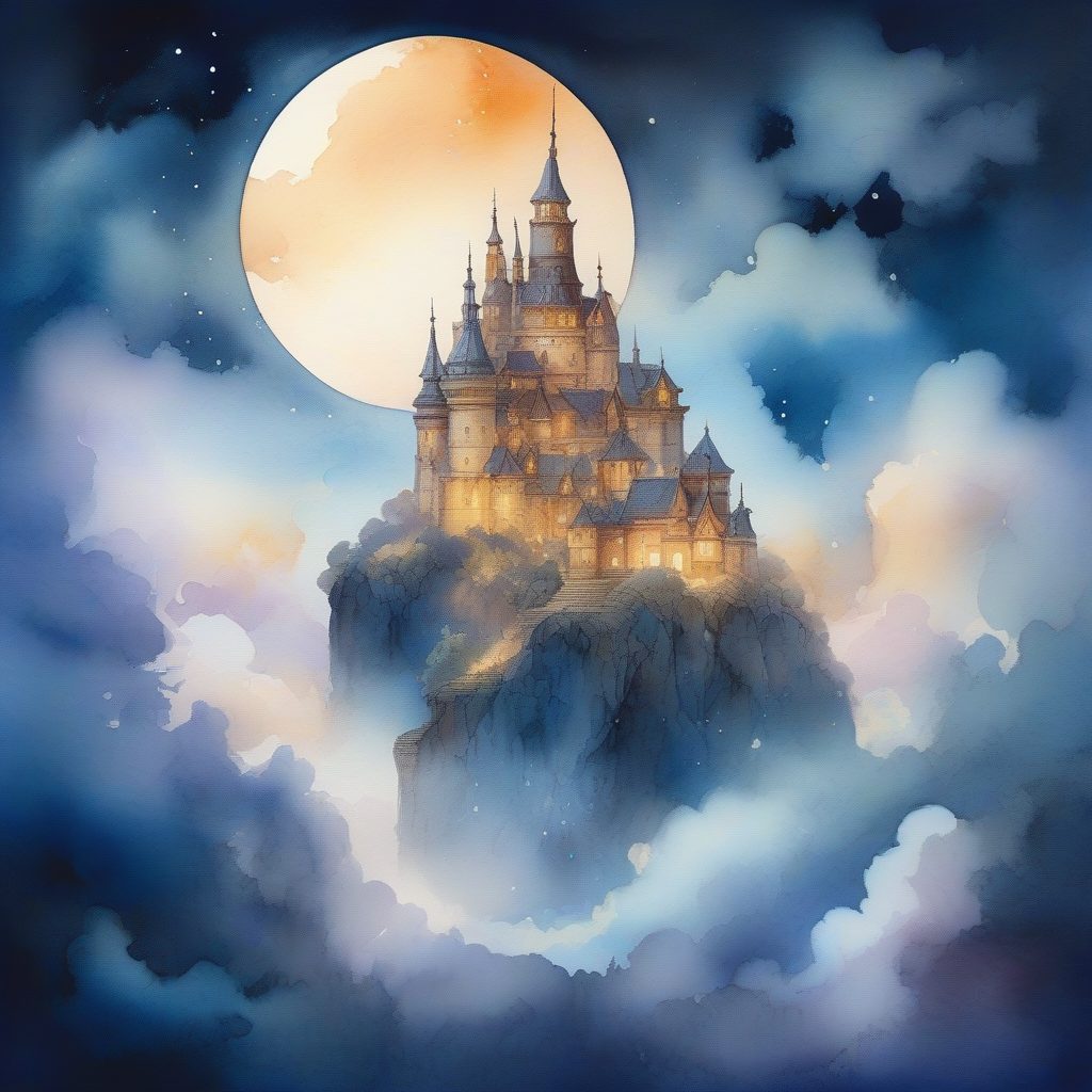 梦幻漂浮：云端上的城堡水彩幻想插画提示词
