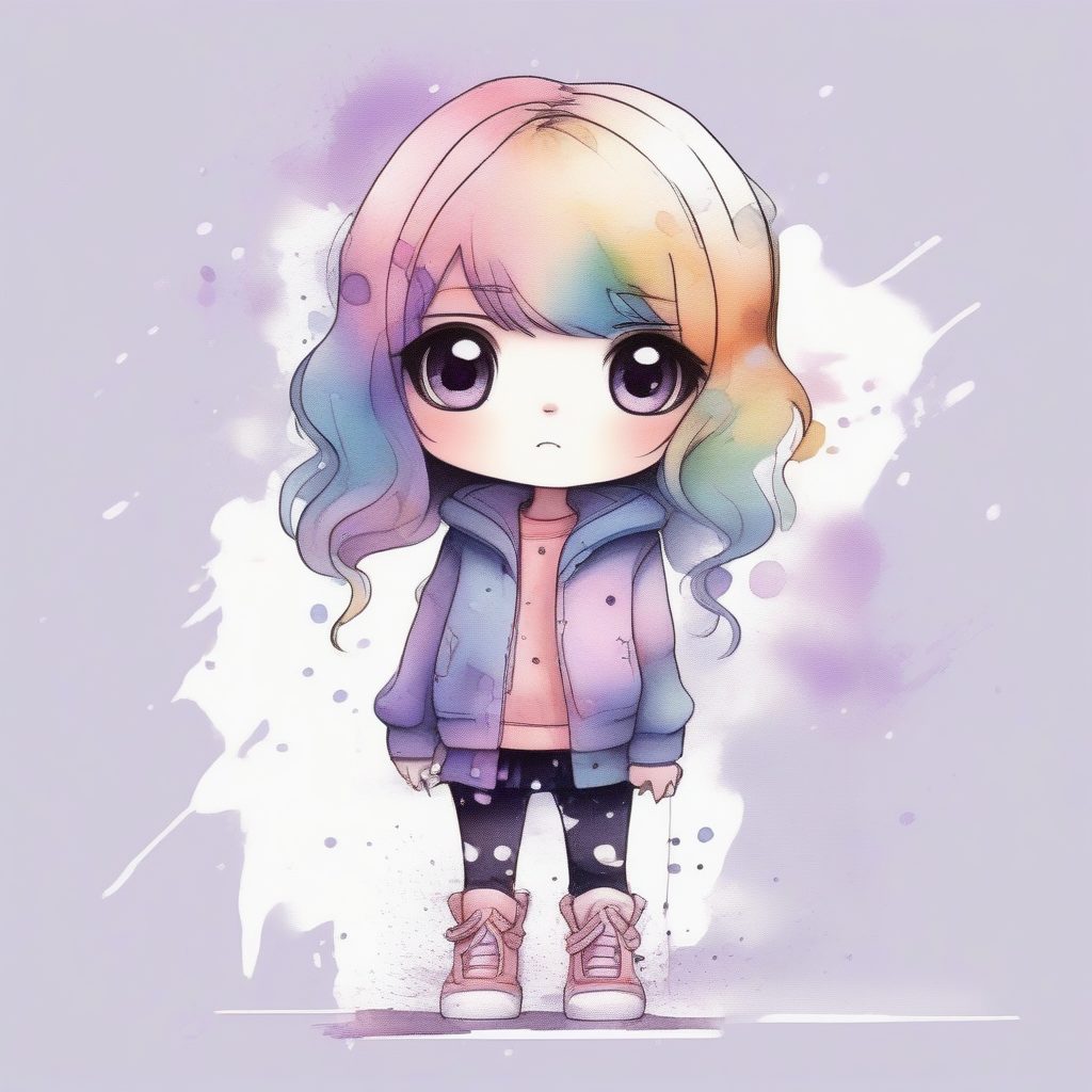 梦幻柔和：低饱和度时尚Q版女孩水彩渲染提示词