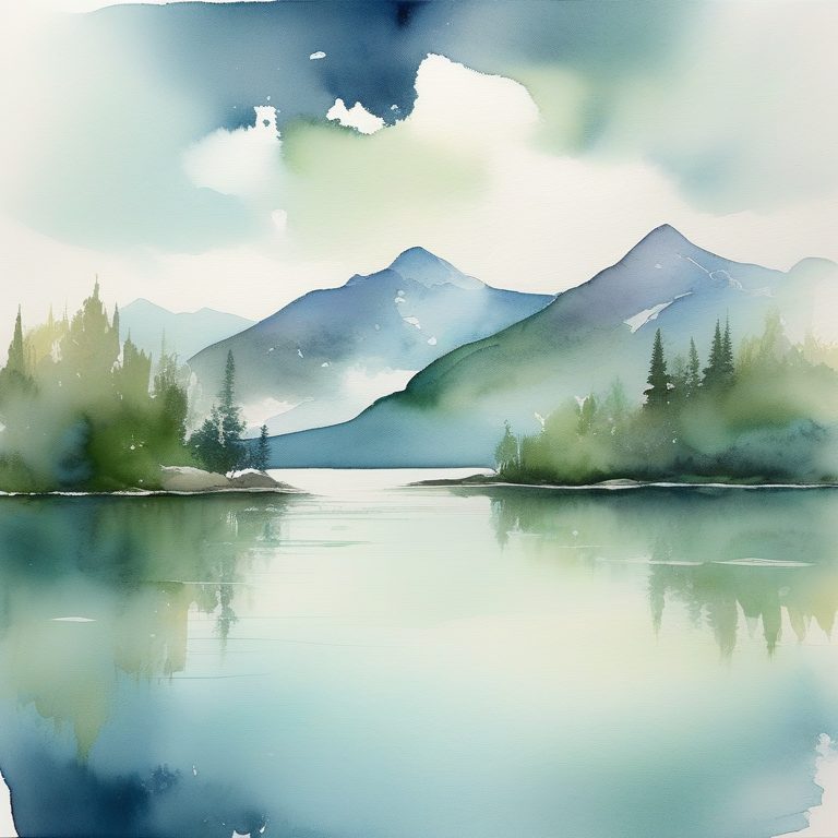 梦幻水彩风景山脉与湖泊