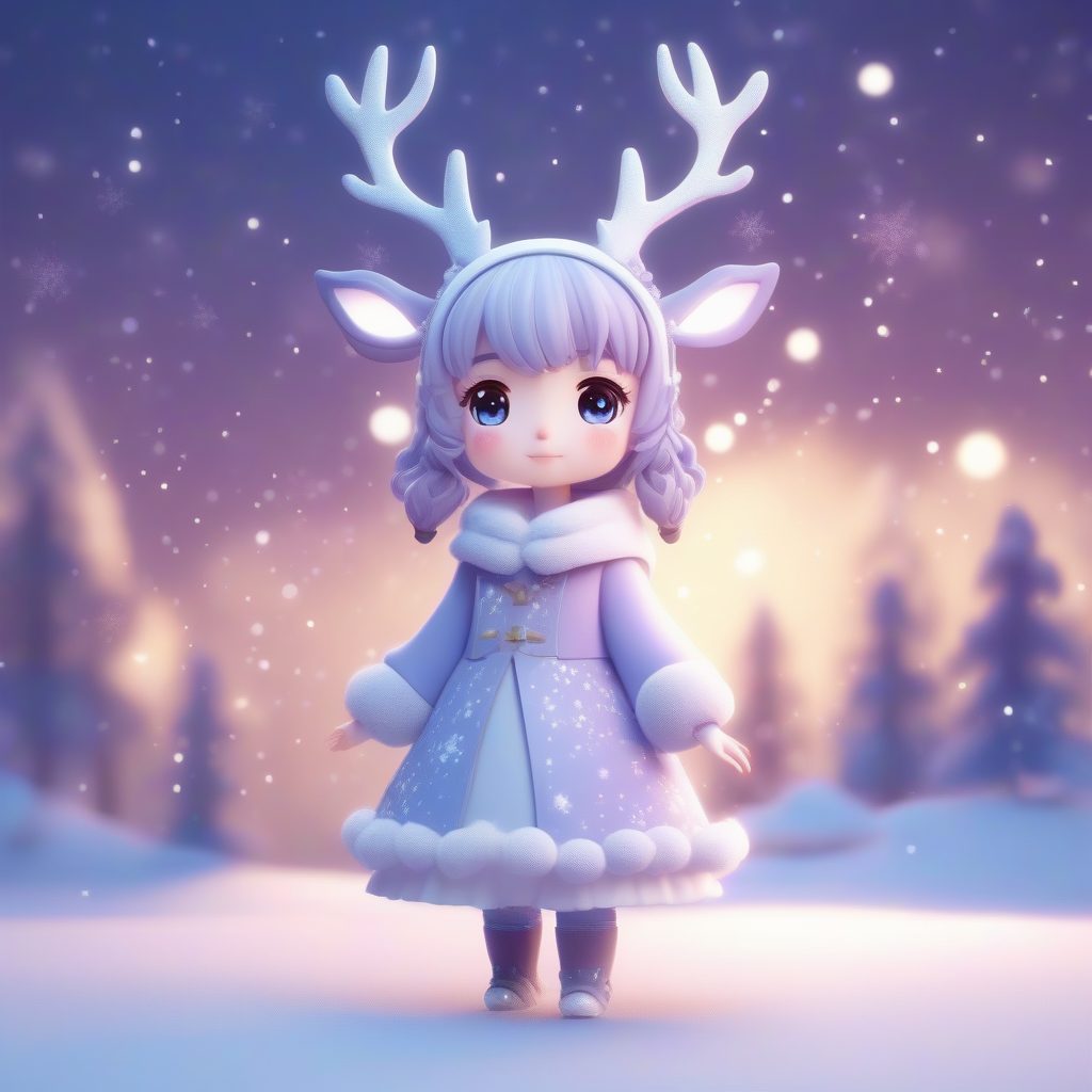 梦幻星光：带有魔法发光鹿角的Q版雪装少女，高品质毛皮纹理渲染