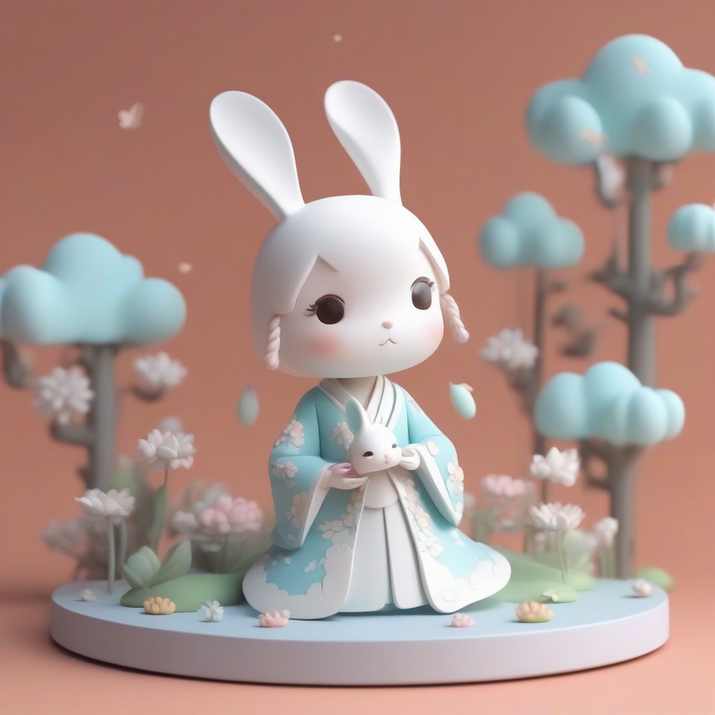 梦幻云城系列：抱着玉兔的Q版汉服少女高精度3D模型图