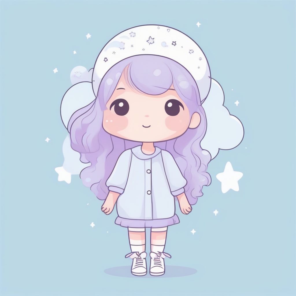 梦幻云朵Chibi女孩：柔和粉彩风涂鸦全身像AI提示词