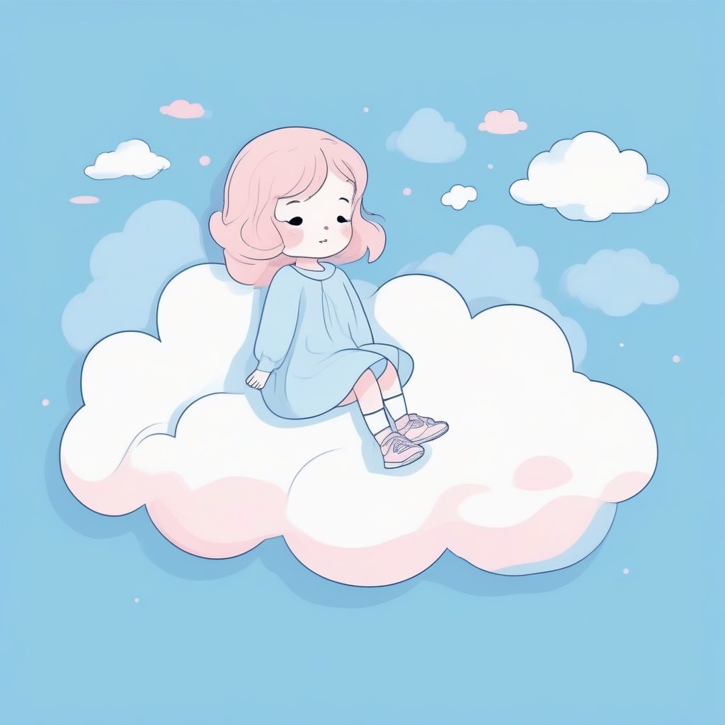 梦幻云朵漂浮：Q版女孩全身安静姿态，极简蓝色渐变