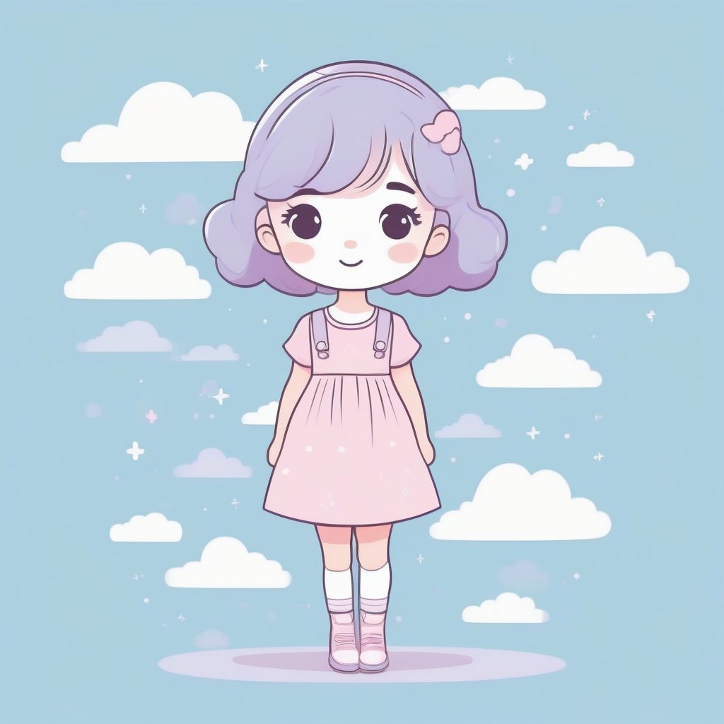 梦幻云朵：柔和马卡龙色系的Q版女孩全身涂鸦插画提示词