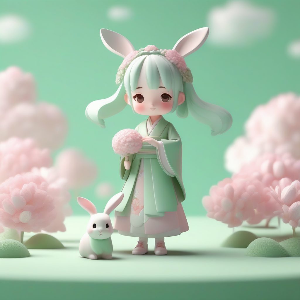 萌兔相伴：极简Q版汉服少女Octane渲染全身站姿图