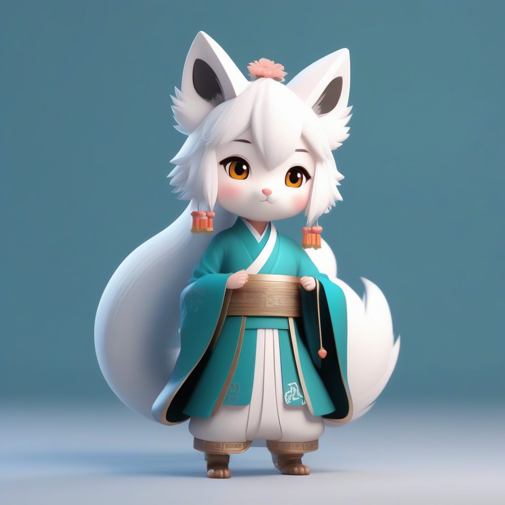 萌系狐妖少女Q版全身：九尾长耳，深青色背景渲染