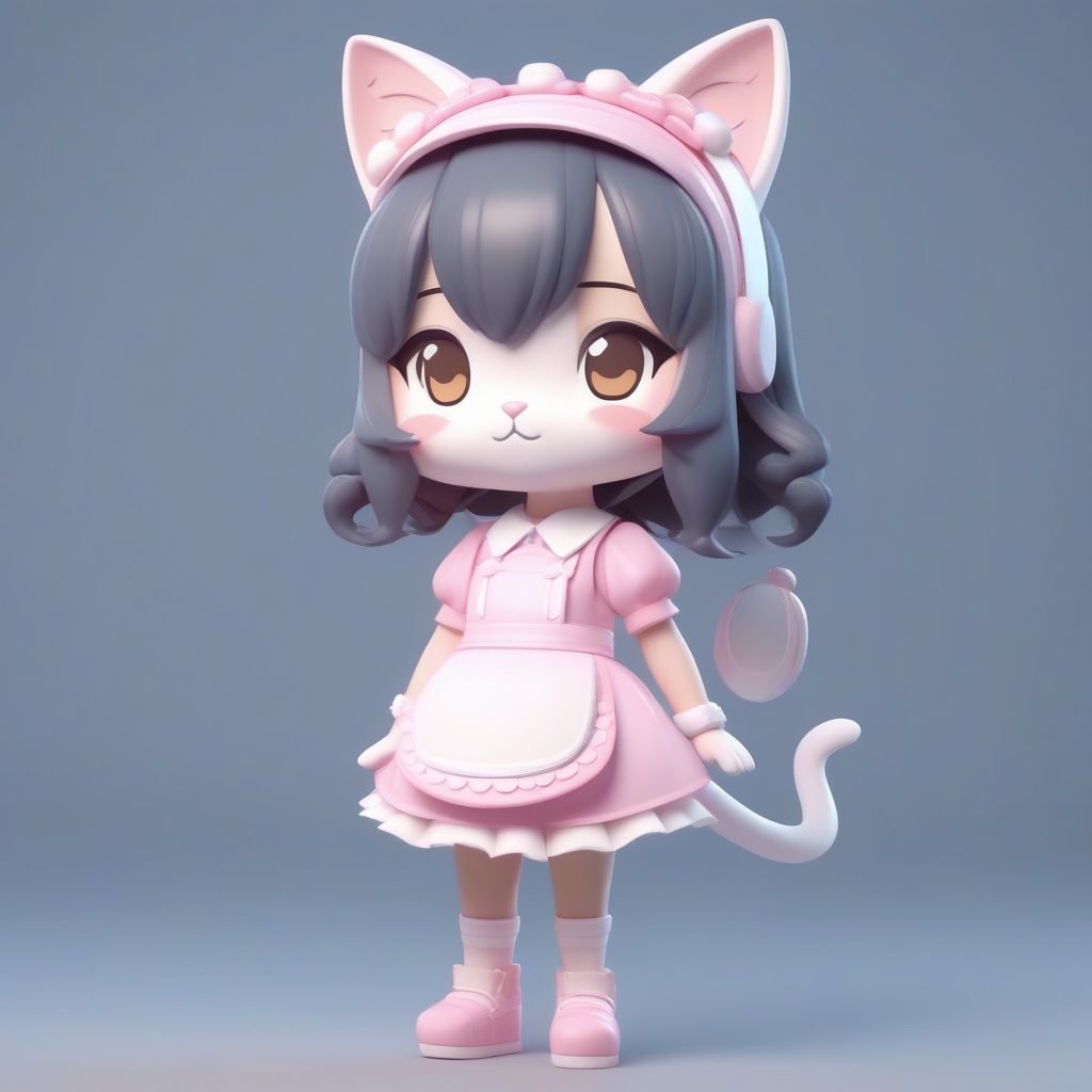 萌系女仆猫耳娘：粘土材质Q版盲盒手办全身站立3D渲染图