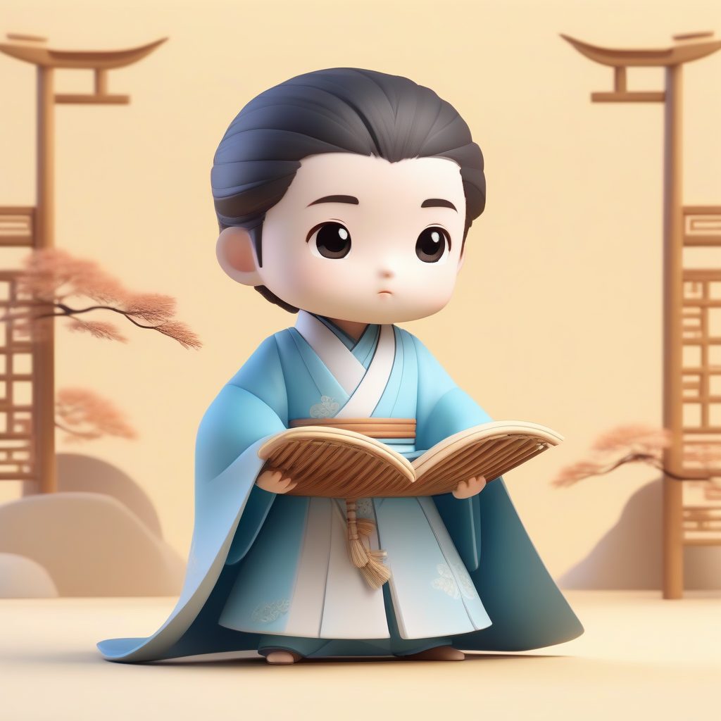 萌系Q版古风书生：竹简儒雅全身像，纯色极简背景AI提示词