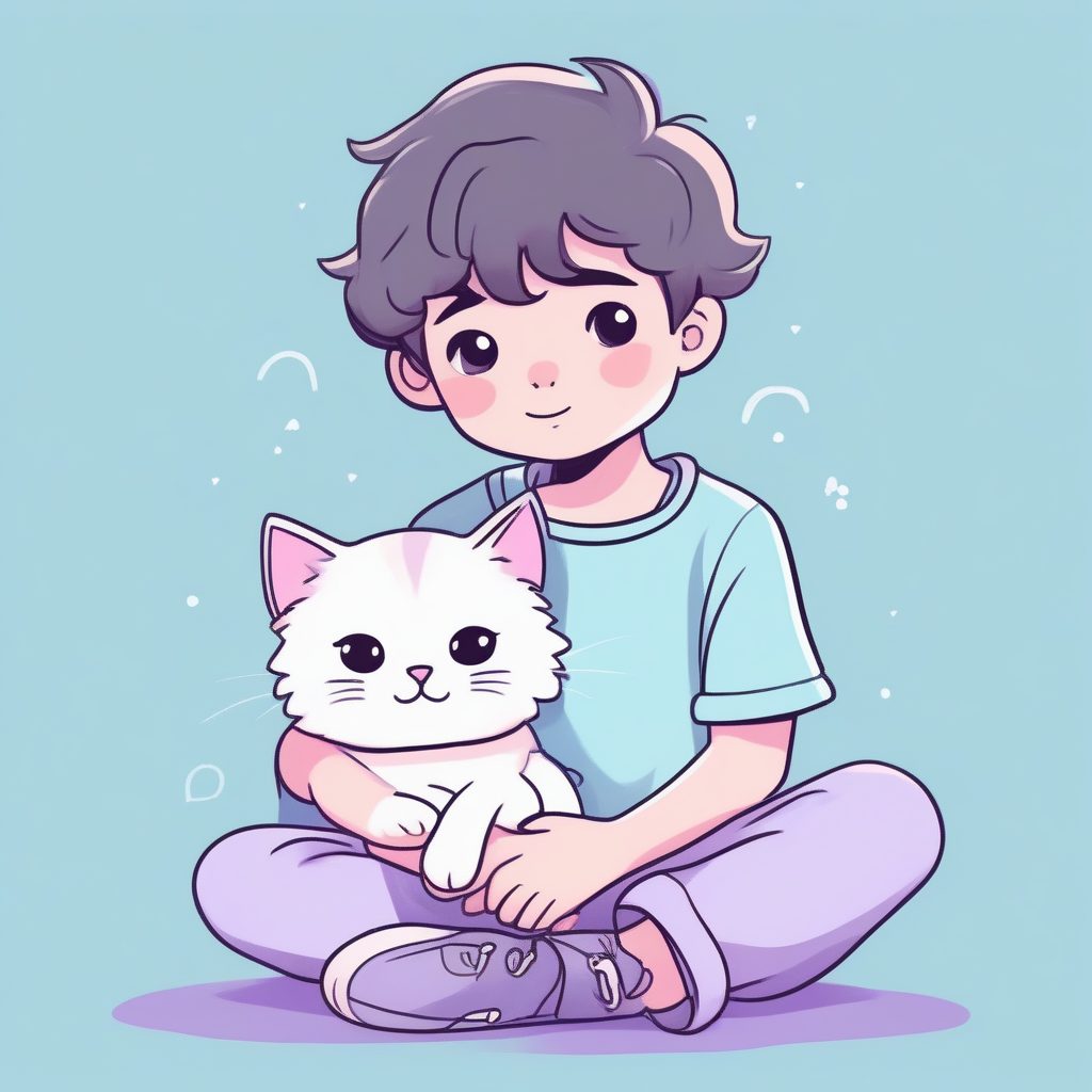 萌系Q版男孩与小猫：粉蓝治愈系手绘风插画