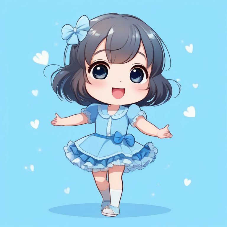 萌系Q版女孩短发蓝裙全身像