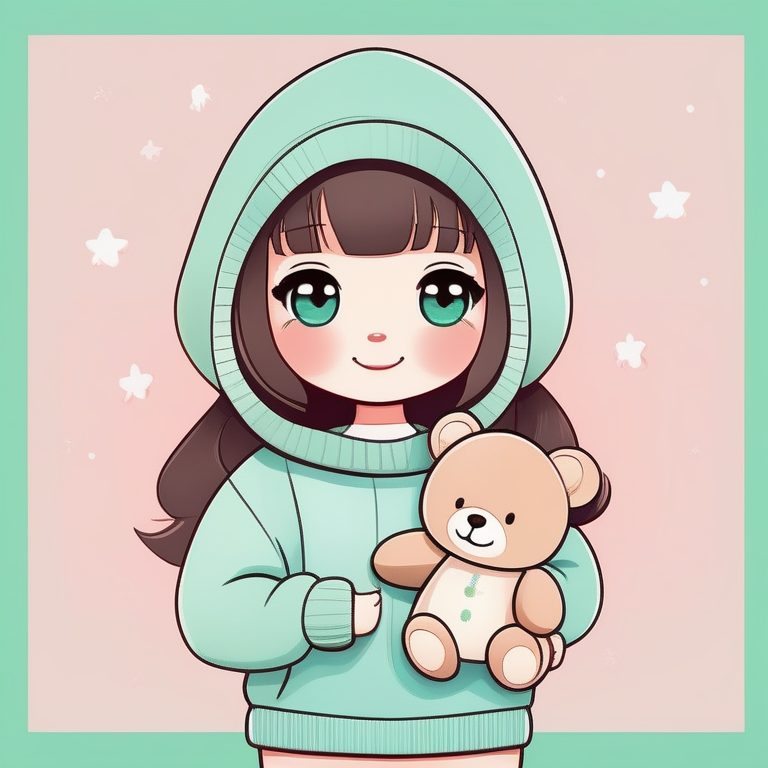 萌系Q版女孩全身站立抱毛绒玩具