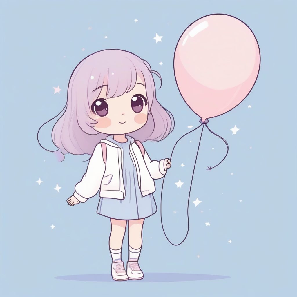 萌系涂鸦风：Q版少女手捧星形气球，柔和线条极简背景提示词
