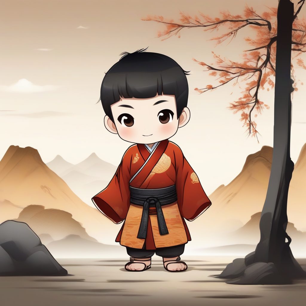 米点山水：墨彩Q版男孩与传统矿物色点缀全身像