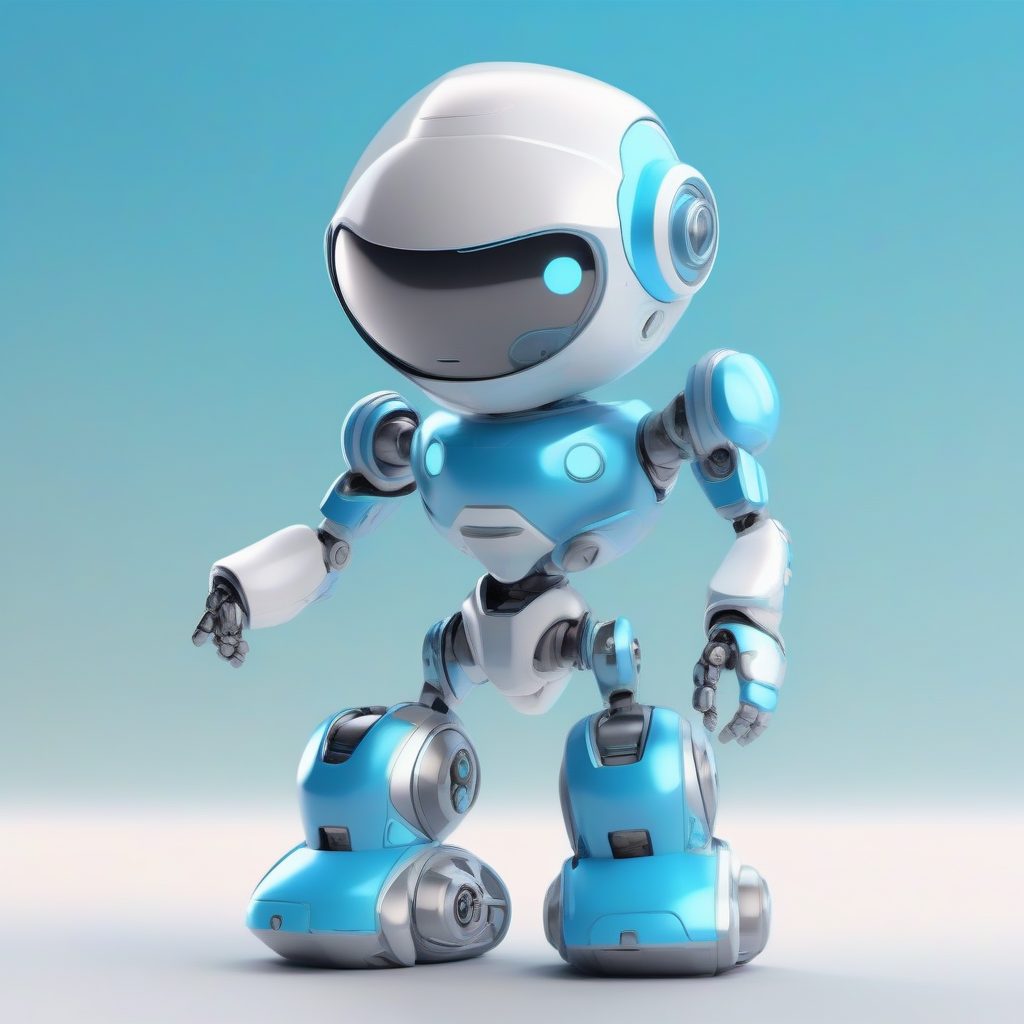 迷你金属机器人：Q版角色敬礼动作，机甲元素与天空蓝背景3D渲染