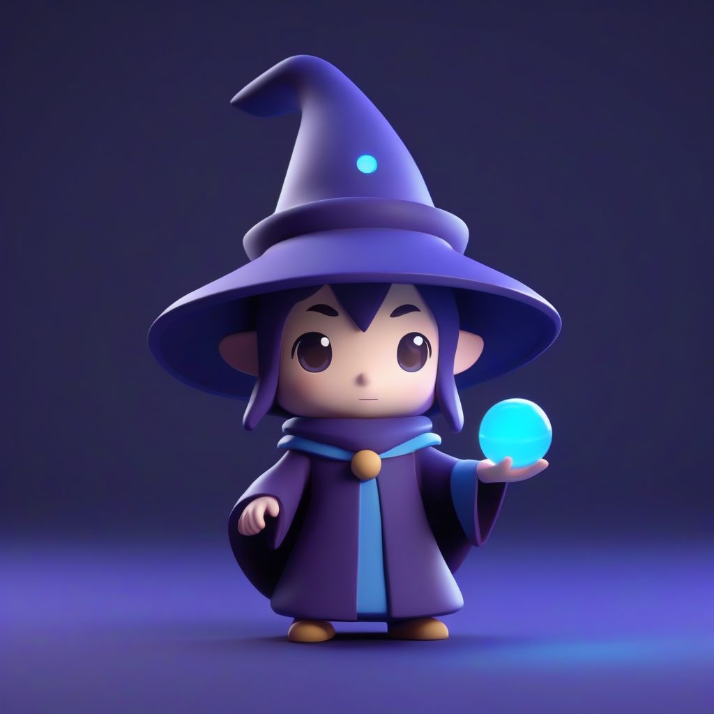 迷你魔法师：专注表情Q版角色3D渲染，黑暗神秘紫色纯色背景