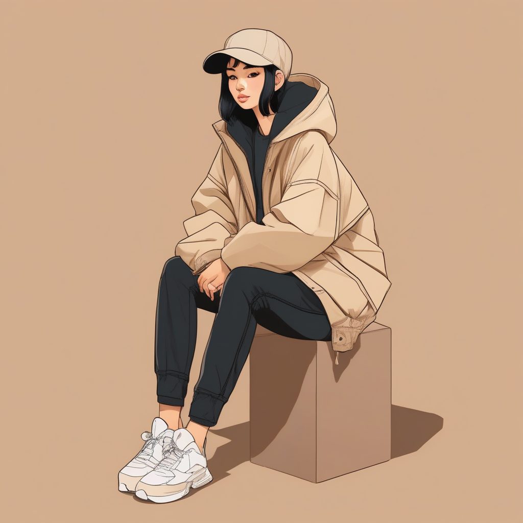 米色纯背景下的极简街头服饰女孩：全身简洁肖像