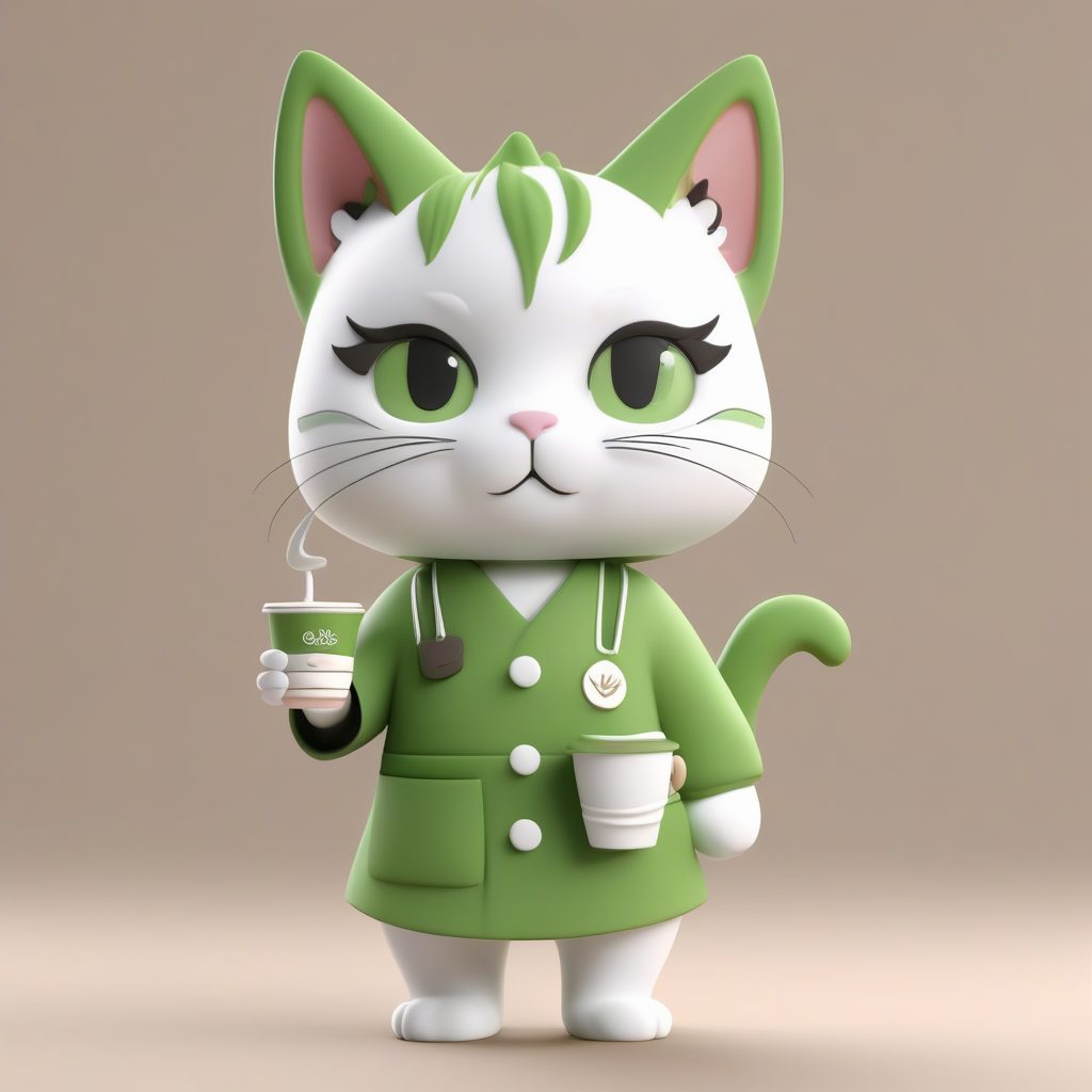 抹茶猫咪咖啡师：高光泽3D Q版全身渲染图AI提示词