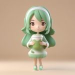 抹茶拿铁女孩:C4D高光Q版手办全身照,薄荷绿背景 7 mo cha na tie nyu hai c4d gao guang q ban shou ban quan shen zhao bo he lyu bei jing