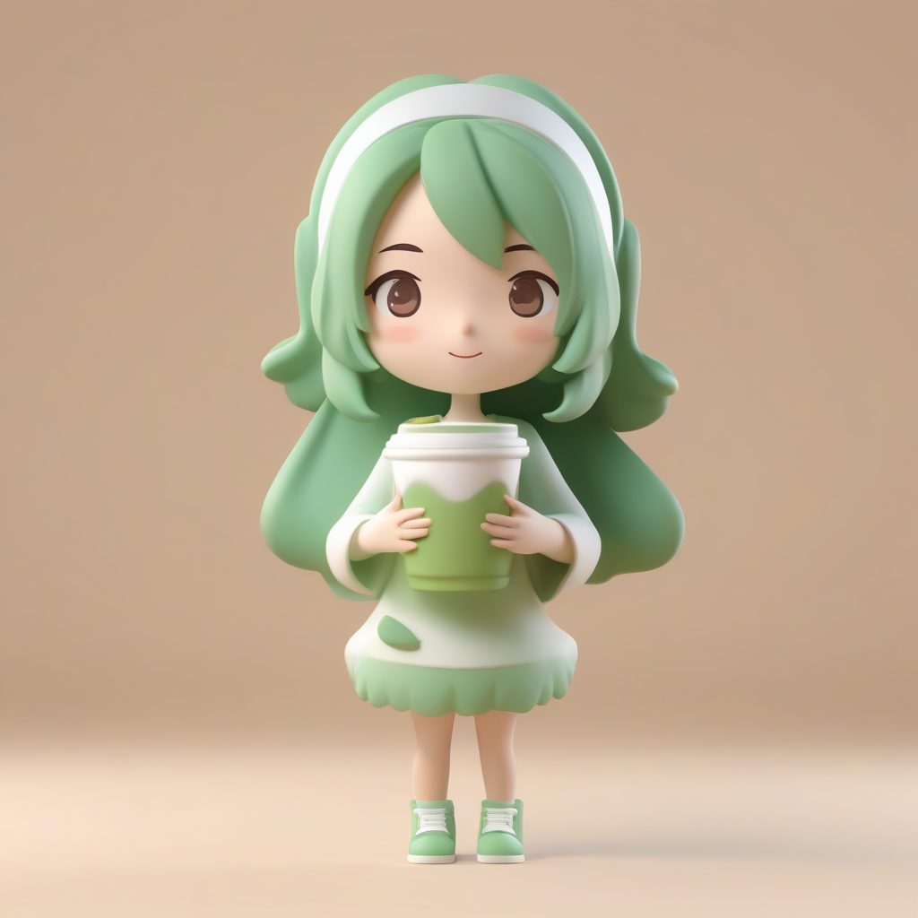 抹茶拿铁女孩：C4D高光Q版手办全身照，薄荷绿背景