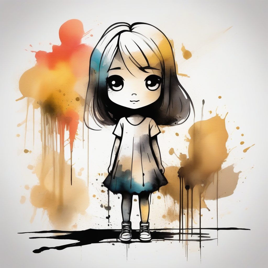 墨滴与笔触:极简抽象风Q版女孩纹理特写 1 墨滴与笔触:极简抽象风Q版女孩纹理特写