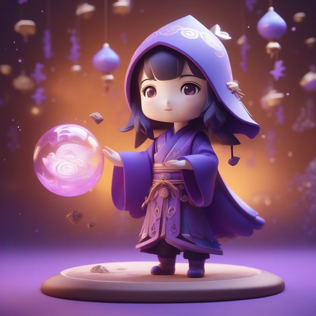 魔法符咒漂浮Q版巫女：高细节C4D Octane渲染图