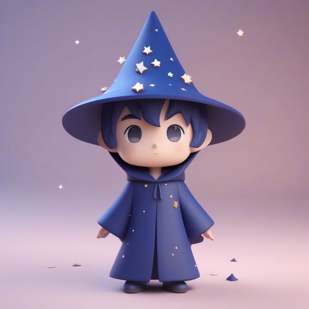 魔法少年盲盒：戴星星帽的Q版男孩3D渲染，纯深薰衣草色背景