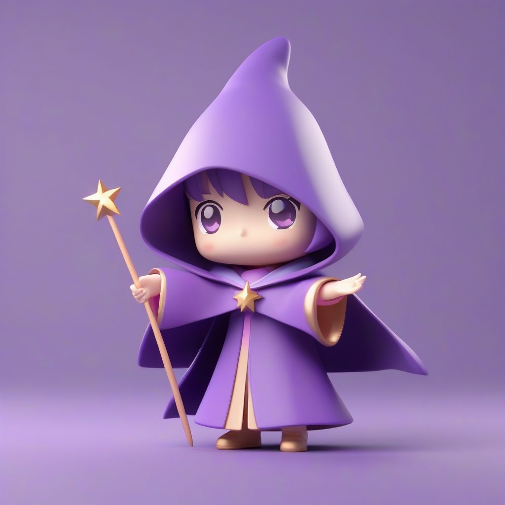 魔法少女Q版手办：高细节、紫色斗篷、纯紫色背景渲染