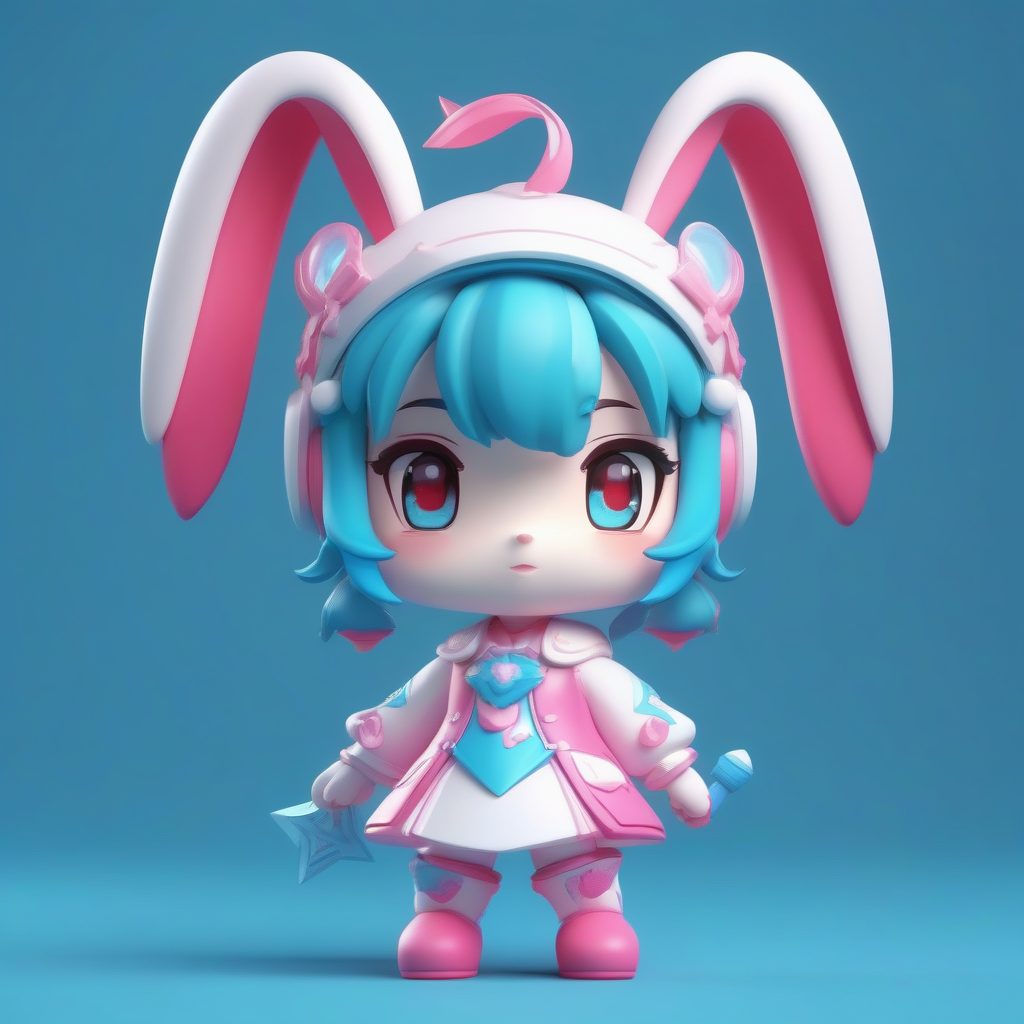 魔法少女兔耳娘：战斗姿态Q版粘土手办，星空蓝纯色背景提示词