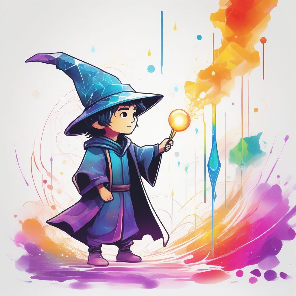 魔法施法：Q版巫师男孩与几何魔法能量，高动态彩虹渲染