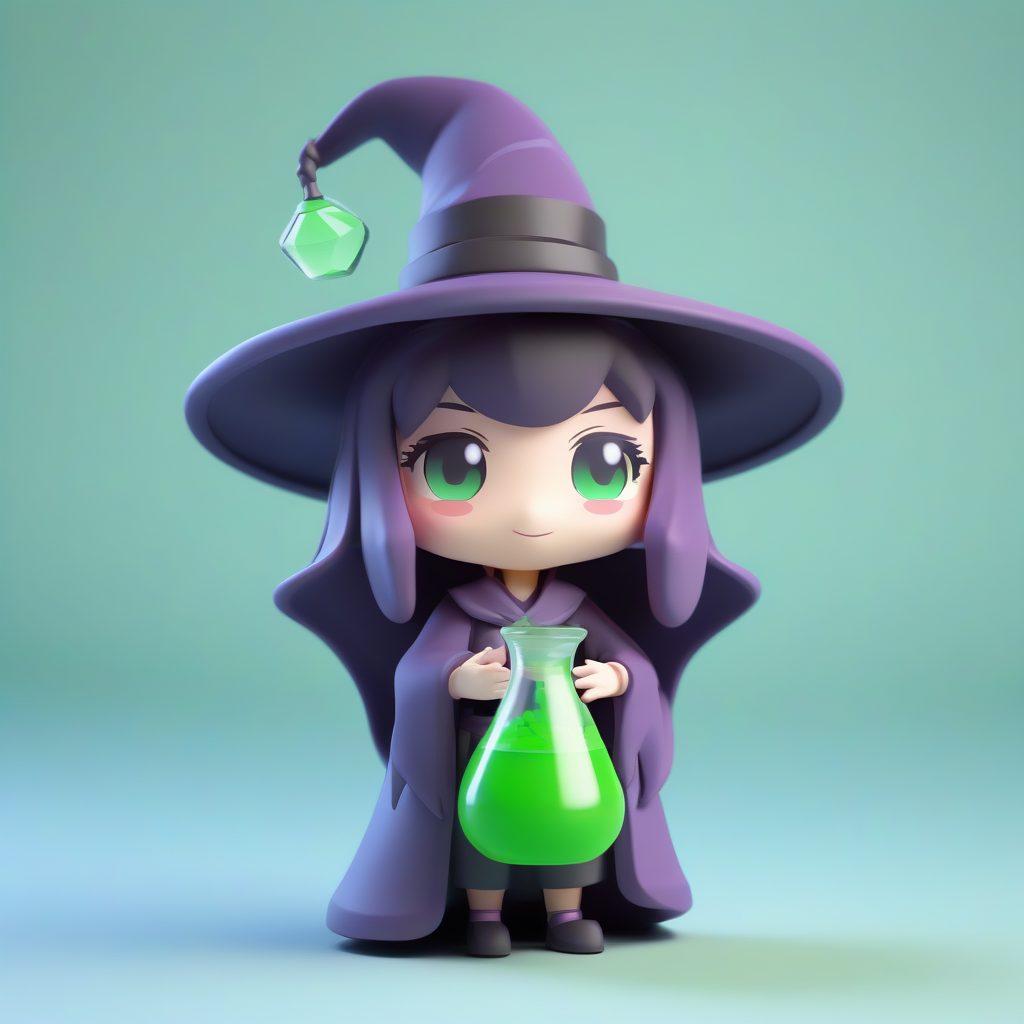 魔法药剂Q版女巫：手持冒泡烧瓶，纯暗紫色背景3D卡片