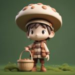 蘑菇采集者:Q版角色全身照,手持蘑菇篮,泥土棕色背景3D渲染 4 mo gu cai ji zhe q ban jue se quan shen zhao shou chi mo gu lan ni tu zong se bei jing 3d xuan ran