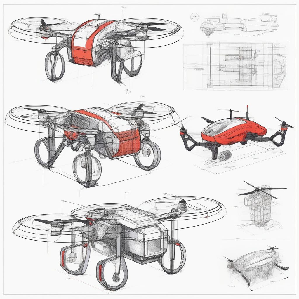 模块化搜救无人机：正交投影技术马克笔图纸