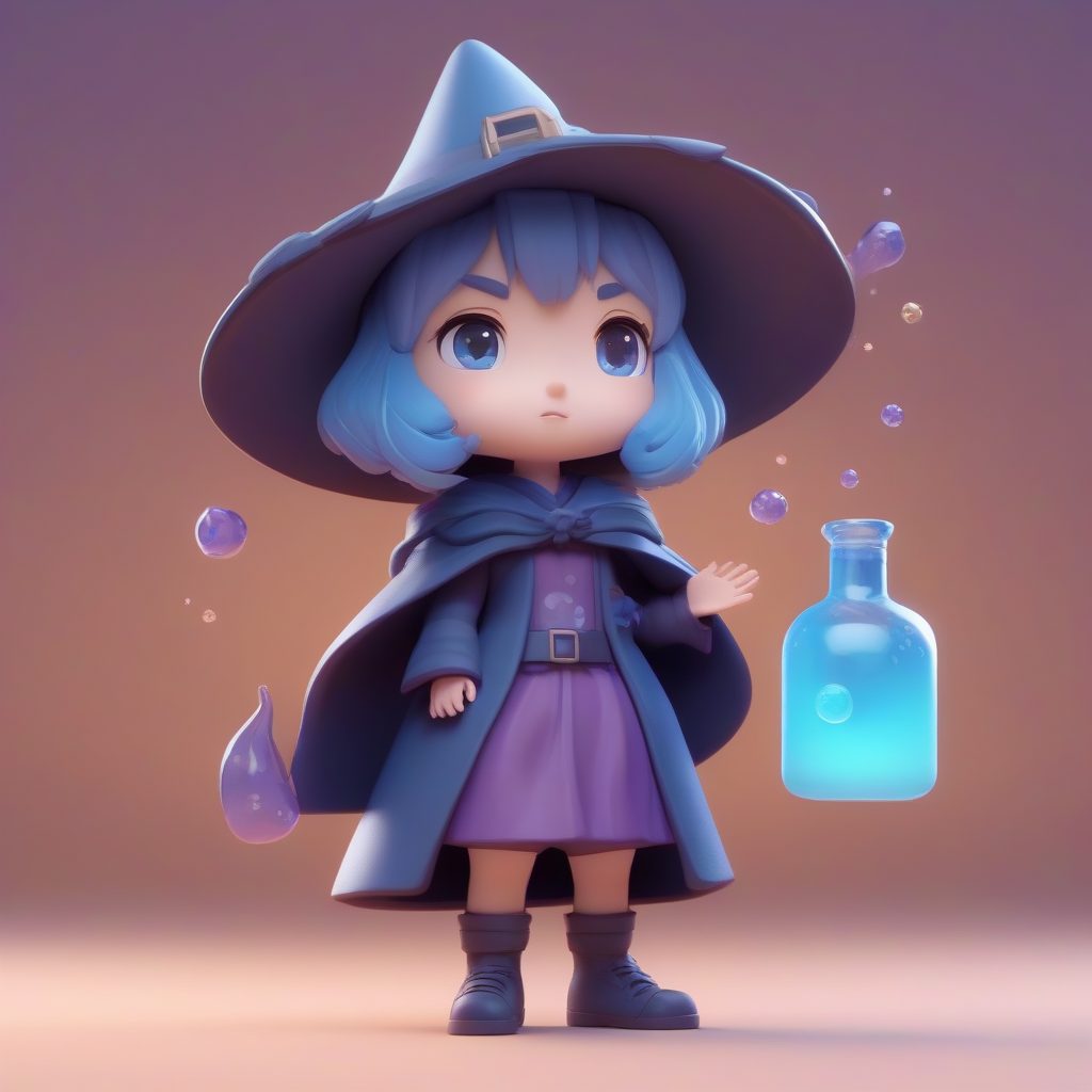 魔药学徒:3D可爱Q版魔女角色卡,纯净极简背景