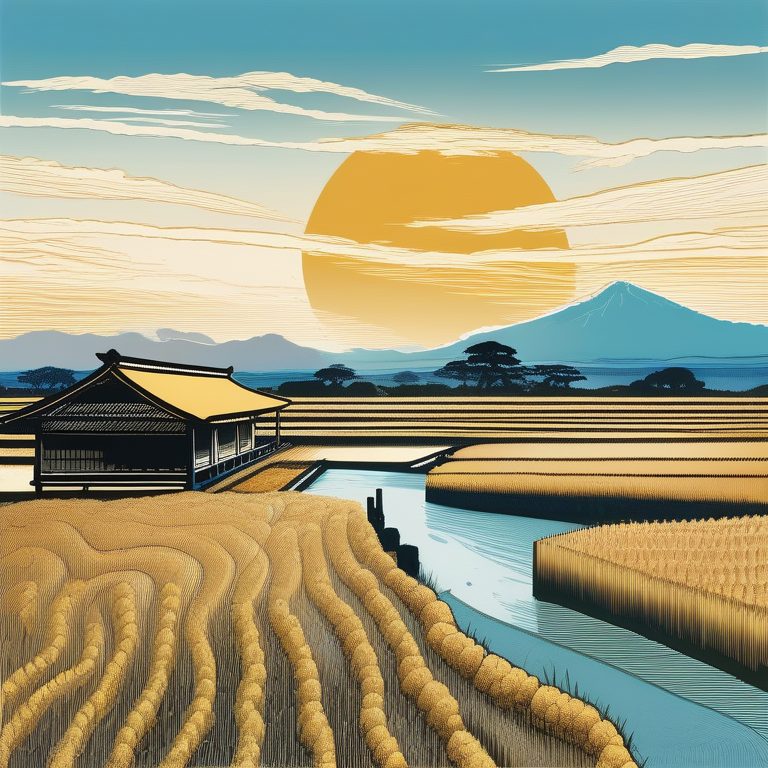 木版画风格的秋日稻田风光