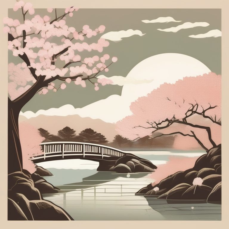 木刻风格下的和风樱花庭院