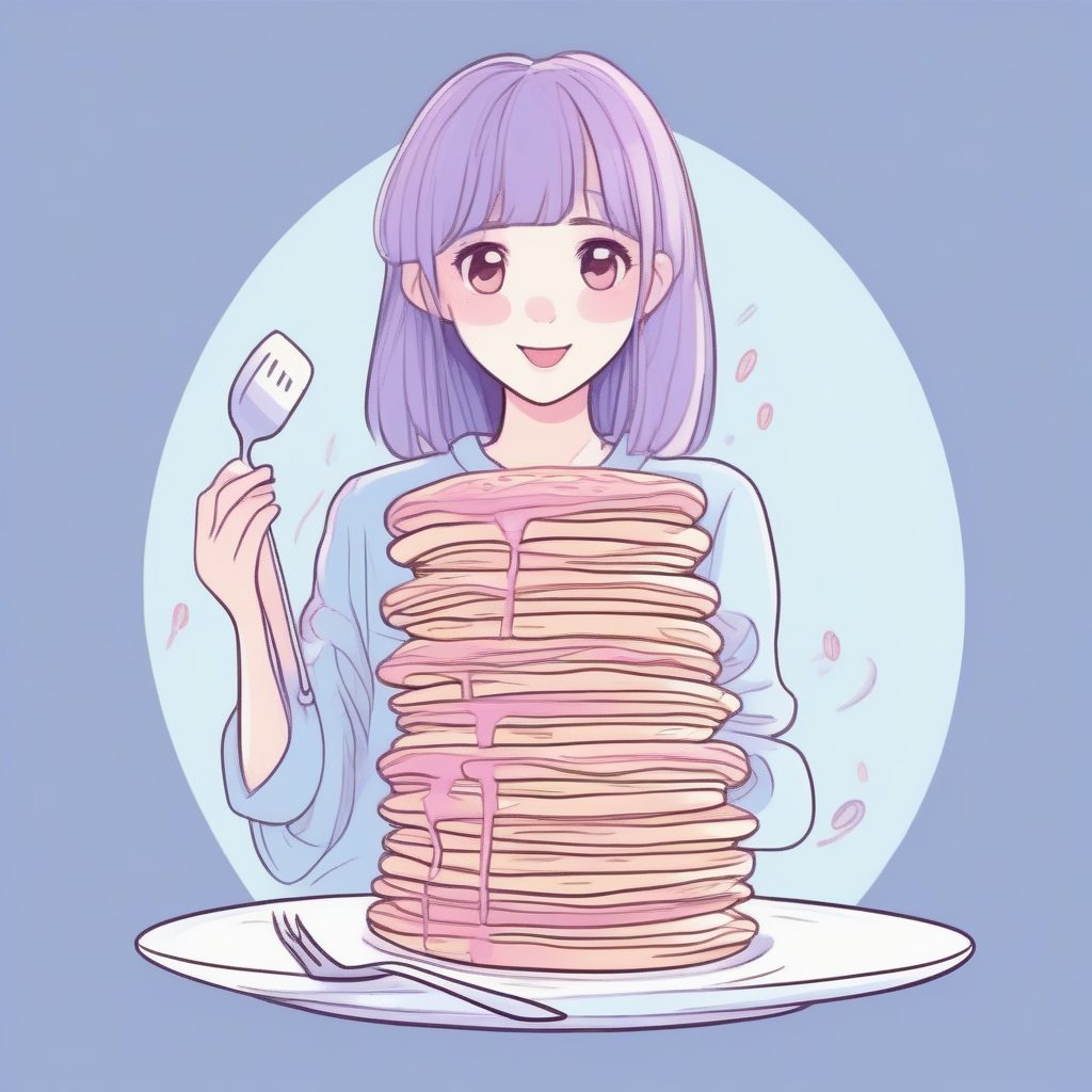 拿着松饼叠的早餐少女：食物主题的极简插画