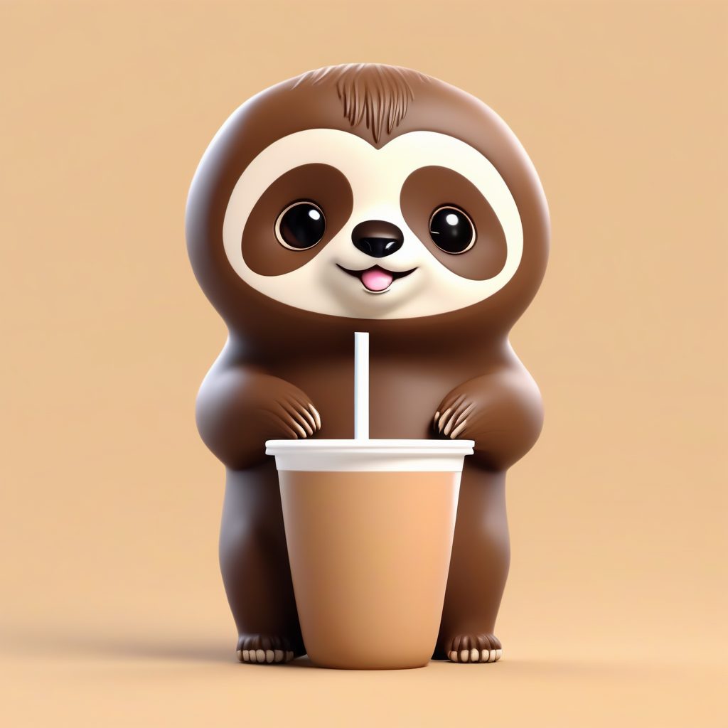 奶茶树懒:抱着巨型珍珠奶茶的Q版全身3D渲染,焦糖色背景 1 奶茶树懒:抱着巨型珍珠奶茶的Q版全身3D渲染,焦糖色背景