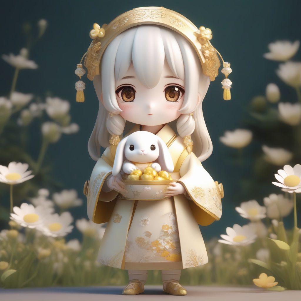 奶油金色汉服与兔子：超细节光线追踪3D手办图