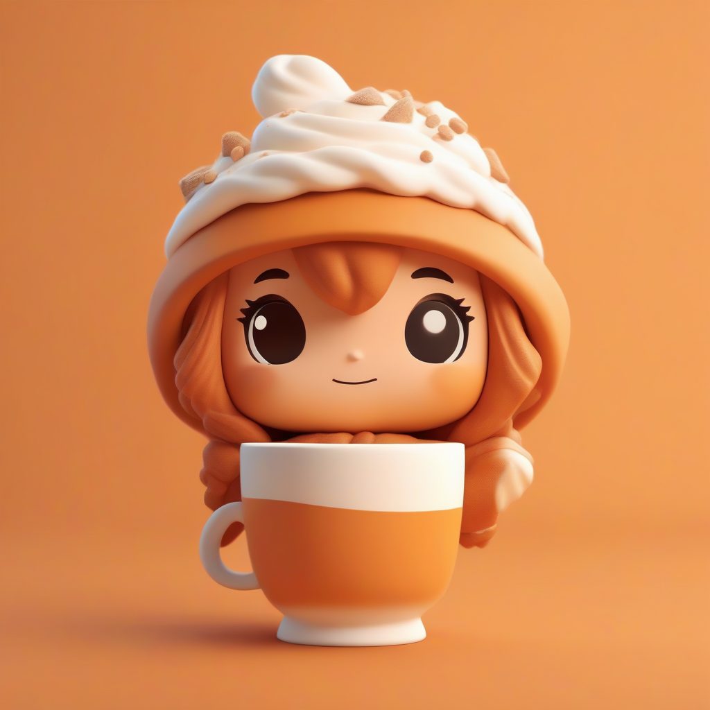 南瓜拿铁Q版盲盒:暖色调粘土3D渲染,纯橘色背景,拥抱动作