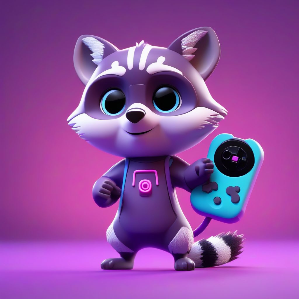 霓虹游戏玩家浣熊：3D盲盒手办全身渲染，纯色紫色背景