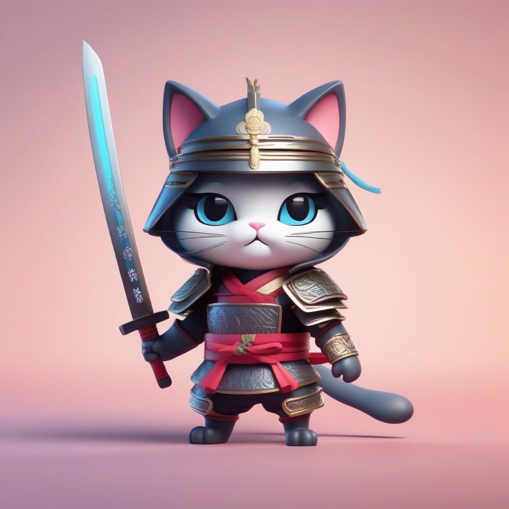 拟人化Q版武士猫全身像:极简线条与高细节渲染技巧