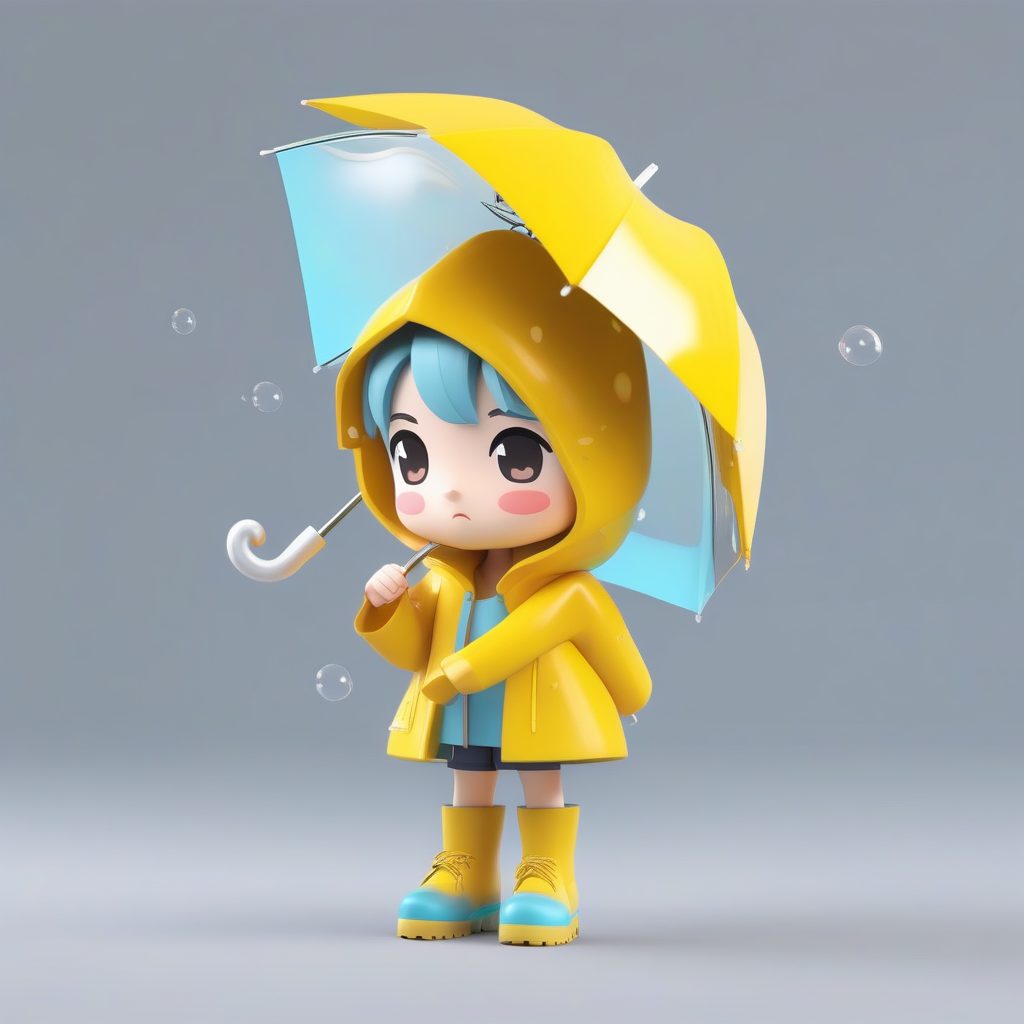 粘土材质Q版雨天女孩：黄雨衣与透明伞，高亮3D渲染纯色背景