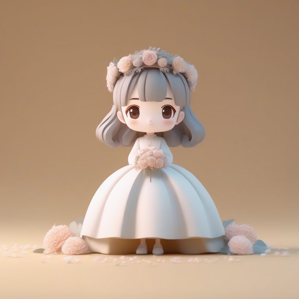 粘土材质【治愈系婚纱女孩】AI提示词：极简背景下的盲盒手办全身照